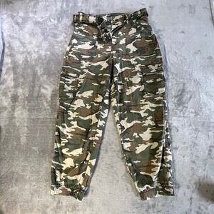 Arizona Jean Co Cargo Jogger Pants Women Size 15 Green Camo High‎ Rise Belted